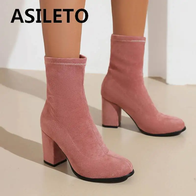 

ASILETO Womens Stretchy Boots 17cm Shaft Pointed Toe Block Heel 5cm Slip-on Flock Suede Big Size 32-44 Concise Daily Footware