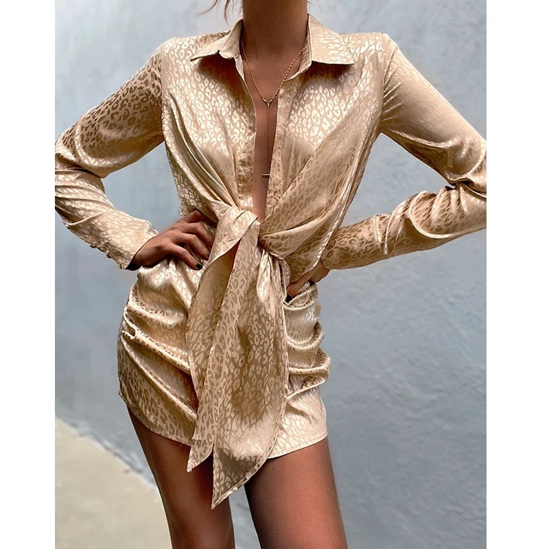 

2023 Summer Leopard Print Short Dresses Vintage Sexy Long Sleeve Shirt Dress Lace-up Deep V-neck Streetwear Party Clothing 26687
