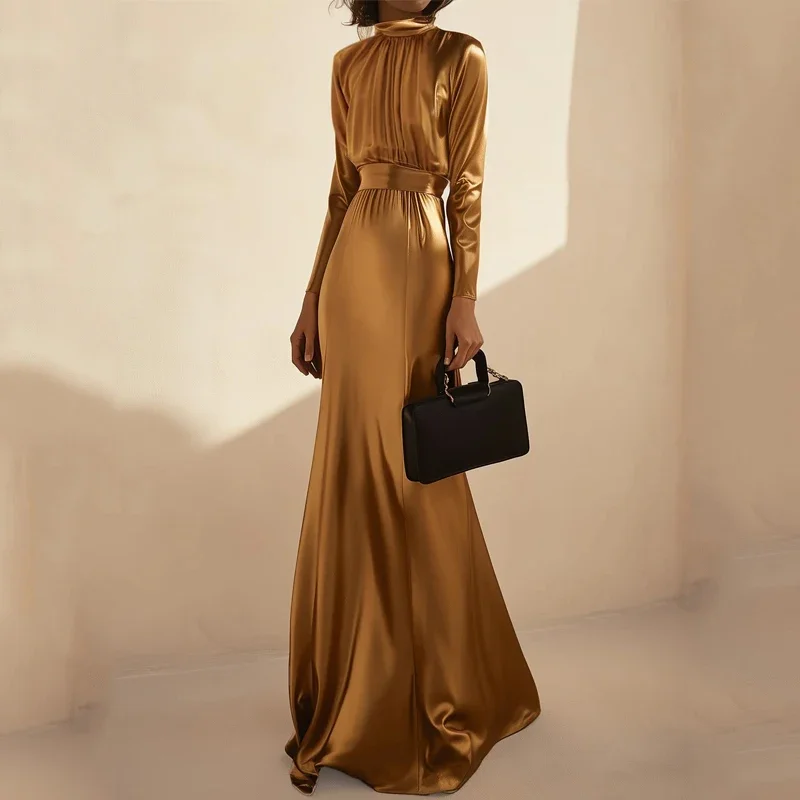 Beautyblue Элегантные золотые вечерние платья Макси-платье с высоким воротом Модные