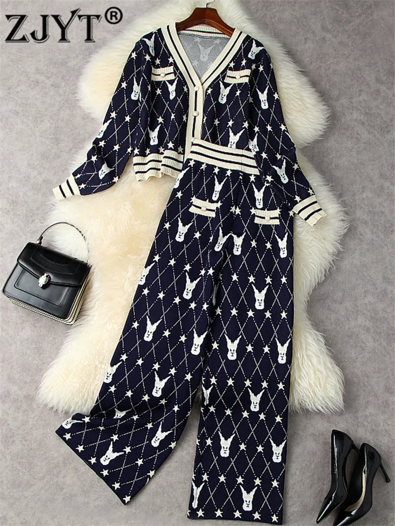 

Дизайнерский трикотажный брючный костюм ZJYT на весну и осень, зимние кардиганы, свитер и брюки, комплекты из 2 предметов