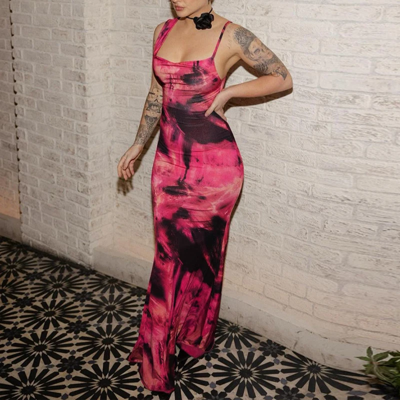 

Rose Red Printed Fashion Sling Sexy Charming Bodycon Chic Sleeveless Backless Irregular Women's Summer Maxi Dresses Party Street