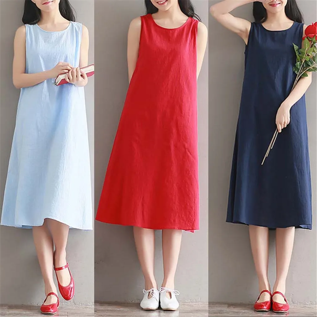 

Women Casual Cotton Linen Round Neck Sleeveless Loose Solid Color Dress Peach Easter Dress for Women Dresses