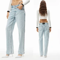 ins street hanging waist personalized rhinestone light blue straight jeans with diamond decoration all match trendy trousers