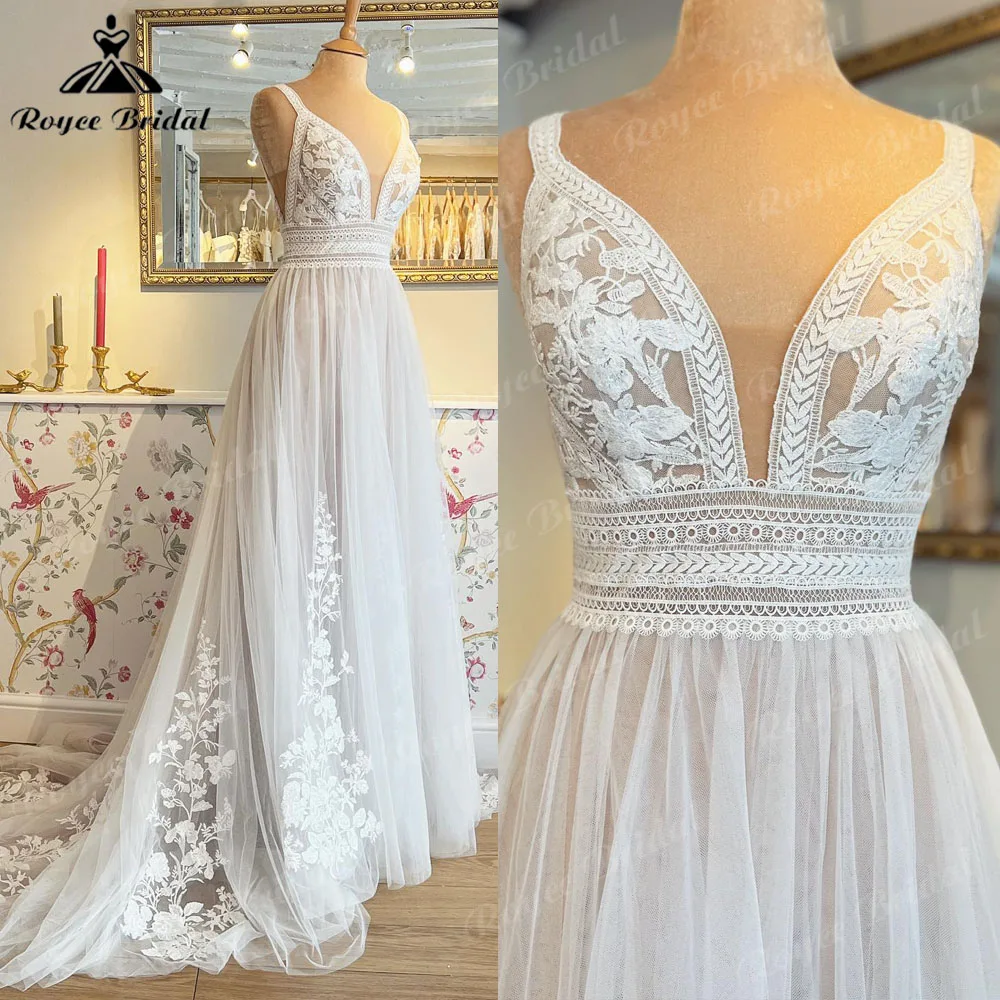 

Robe Mariee Plunging V Neck Lace Appliques Boho Wedding Dress for Women 2024 Spaghetti Straps Bridal Gown vestidos invitada boda