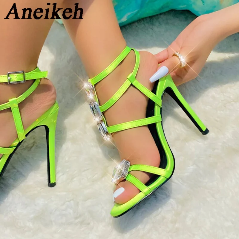 

Aneikeh Women's Fashion Sexy Rhinestone Cross Design Thin High Heels 2024 Round Head Buckle Strap Gladiator Sandals Party Dress