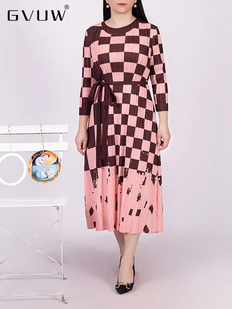 GVUW Lace-up Pleated Women's Dress Elegant Print Plaid O-neck Long Sleeve Loose 2023 Summer Female Color Block Clothing 17J0595