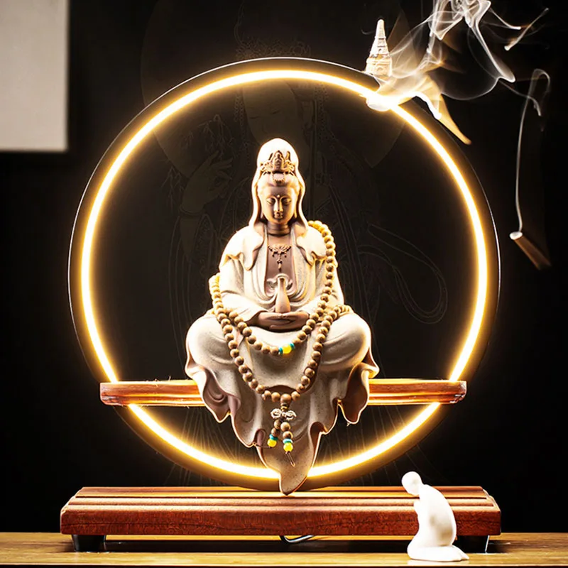 

Chinese Buddha Figure Incense Burner Lamp Retro Aesthetic Electronic Incense Stick Blackflow Ramadan Incensario Home Decoration