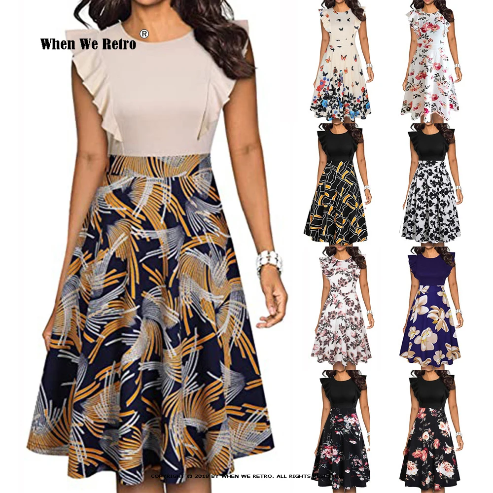 

Женское винтажное цветочное расклешенное платье, ТРАПЕЦИЕВИДНОЕ свободное Повседневное платье с оборками на рукавах и круглым вырезом, оф...