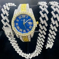 3pcs iced out watches for men diamond gold watch 15mm cuban link chain bracelet necklace jewelry set watch men religio masculino