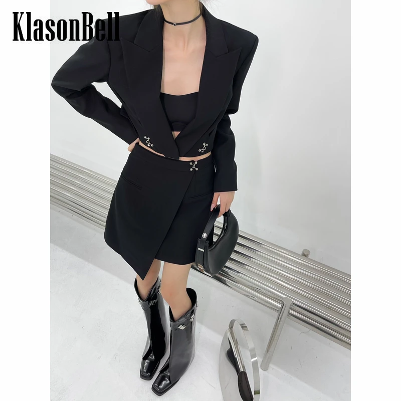 

8,15 KlasonBell черный короткий Блейзер или Асимметричная юбка Модный комплект для женщин