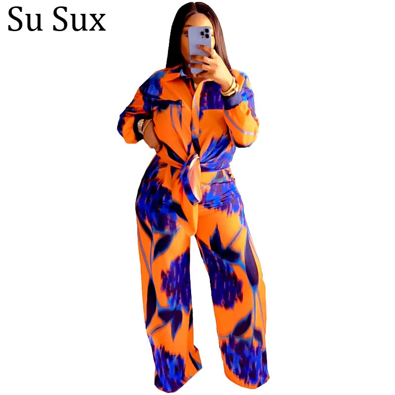 

Casual Print Wide Leg Pant Suits Women 2 Piece Set Turn Down Collar Blouse Shirt Outfits Sportwear Vestidos 2022 Summer