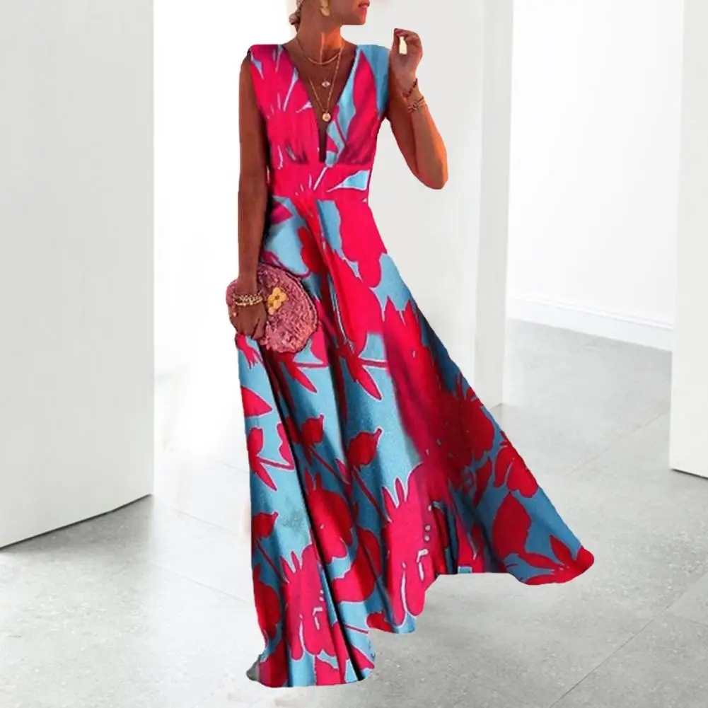

Geometry Printing Sleeveless Full Length Large Hem Women Dress Trendy Deep V-neck Maxi Dress A-Line Waist Tight Holiday Dress