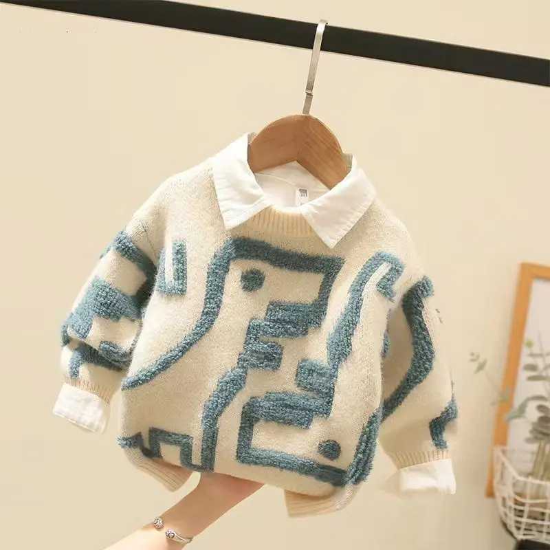 

Детская одежда, свитер из норковой шерсти для мальчиков на осень и зиму 2023, Детский комплект из свитера и пальто