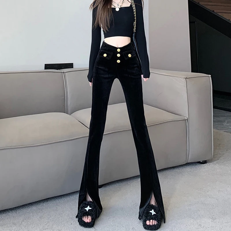 

Женские офисные бархатные брюки с высокой талией и металлическими пуговицами