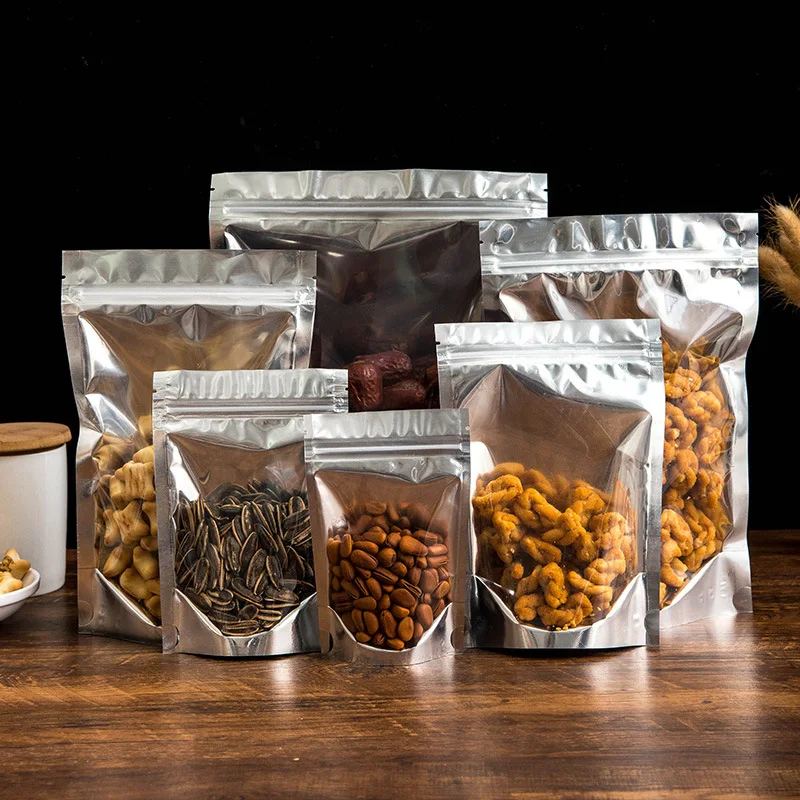 

50Pcs Food Packaging Aluminum Foil Stand Up Bag Home Storage Tea Coffee Beans Supplies Ziplock Bags With Window Resealable