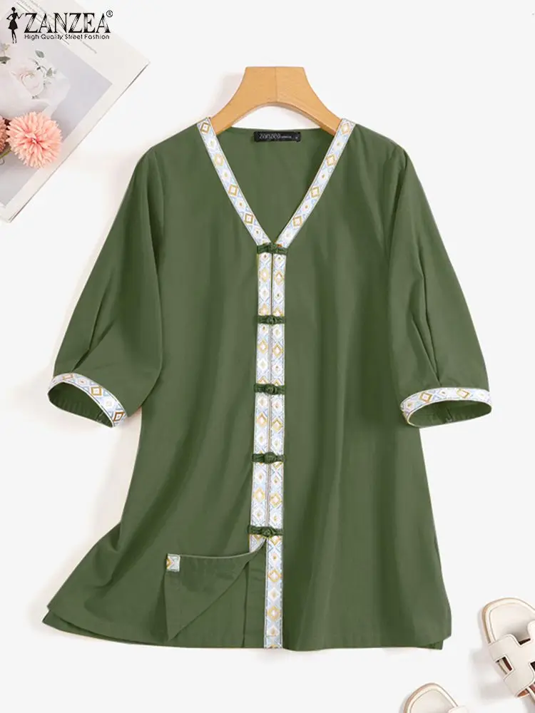

ZANZEA Vintage Ribbon Spliced Shirts Women Casual V-neck Half Sleeve Frog Buttons Blouses 2023 Summer Cotton Simple Tunic Tops