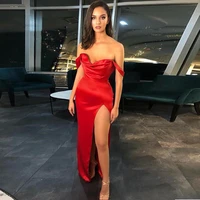 sevintage red mermaid evening dresses off the shoulder pleats formal party dresses high slit women prom party gowns night club