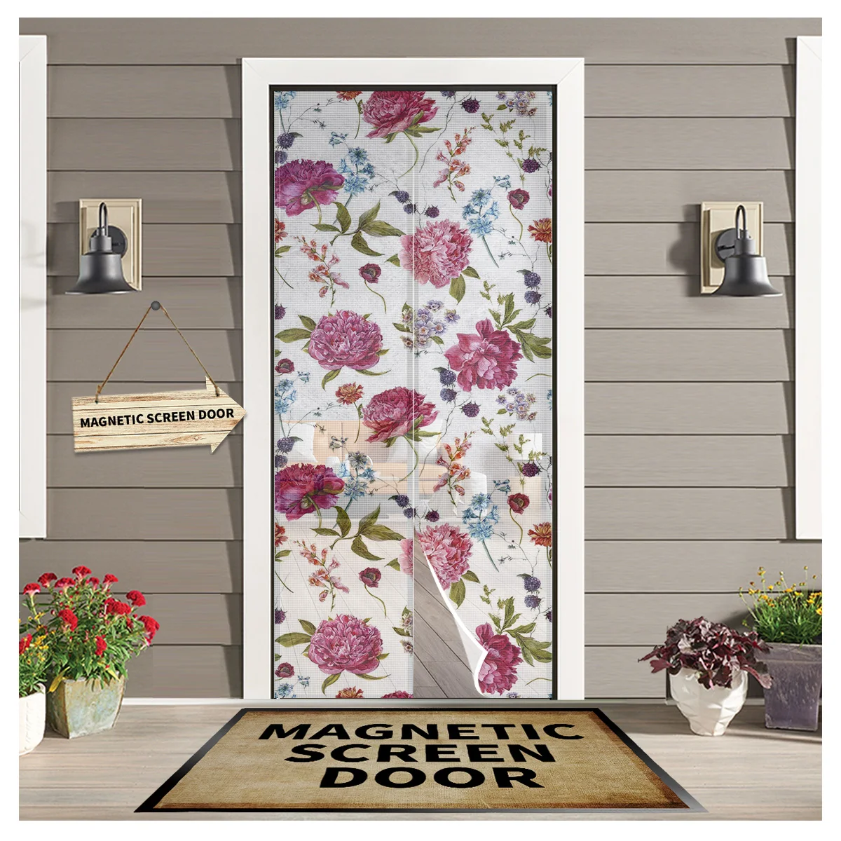 

Flowers Peony Watercolor Kitchen Door Curtain Tool-free Magnetic Screen Insect-proof Door Curtain Mesh Bedroom Hanging Curtain