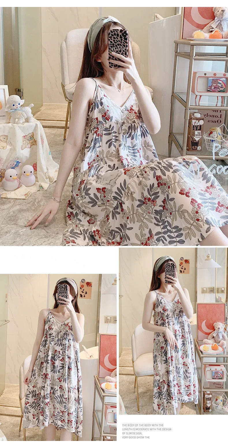 2023 New Summer Nightdress Women Graceful Floral Print Nightdress V Neck Suspenders Female clothes Sexy  Kitten halter dress