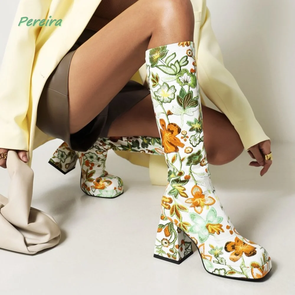 Green Autumn Flower Boots 2022 Women's Mixed Colors Platform Square Toe Chunky Heel Slip-on Catwalk Shoes For Free Shipping