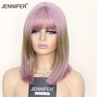 synthetic wigs medium length straight bob wigs with bangs white teapink 2 color wigs shoulder length cosplay heat resistant