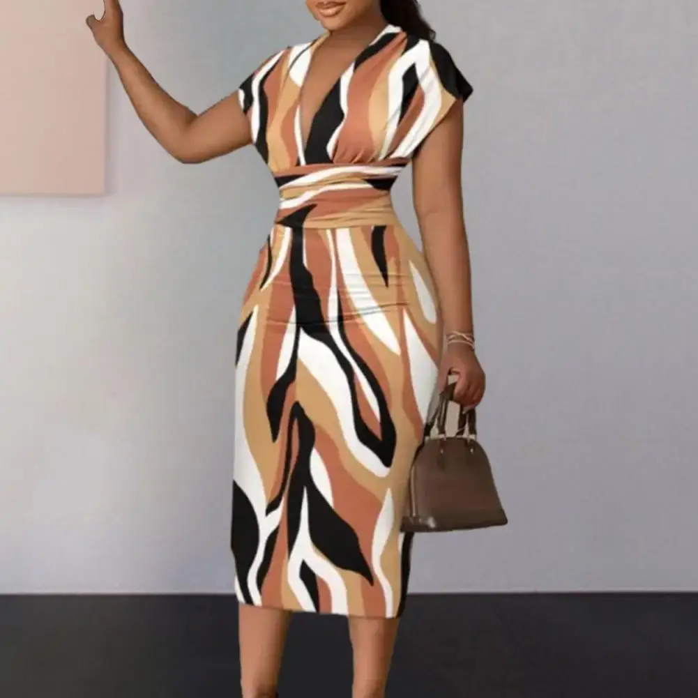 

Printed Bodycon Dress Fashionable Women's V-neck Bodycon Dress High Waist Slim Fit Hip Wrapped Midi Streetwear Chic for A