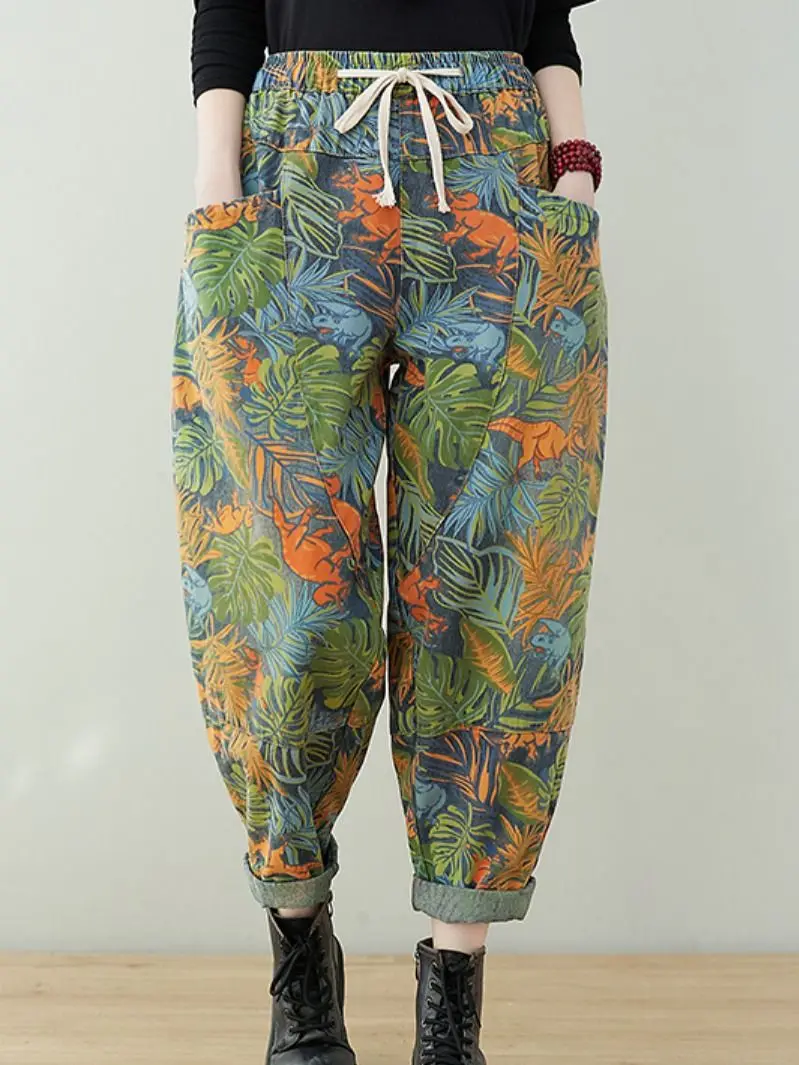 

Брюки-султанки женские с винтажным принтом, модные повседневные свободные штаны до щиколотки, уличная одежда на шнуровке, брюки с эластичны...