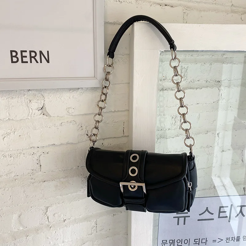 

Pu Black Retro Chain Women's Business Baguette Bags 2022 New Trendy Exquisite High Quality Leisure One Shoulder Armpit Totes