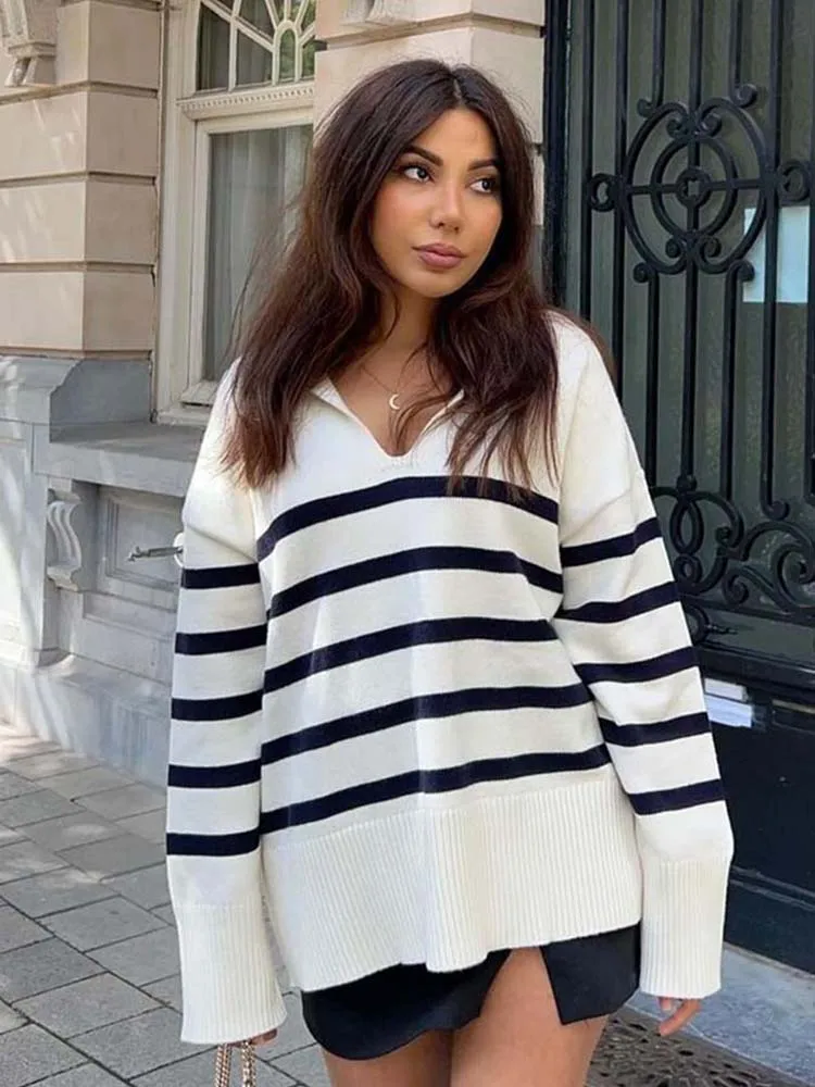 

Women Fashion Striped Knitted Sweater Women 2022 Causal V-neck Long Sleeve Loose Tops Autumn Streetwear Chic Pullovers Females