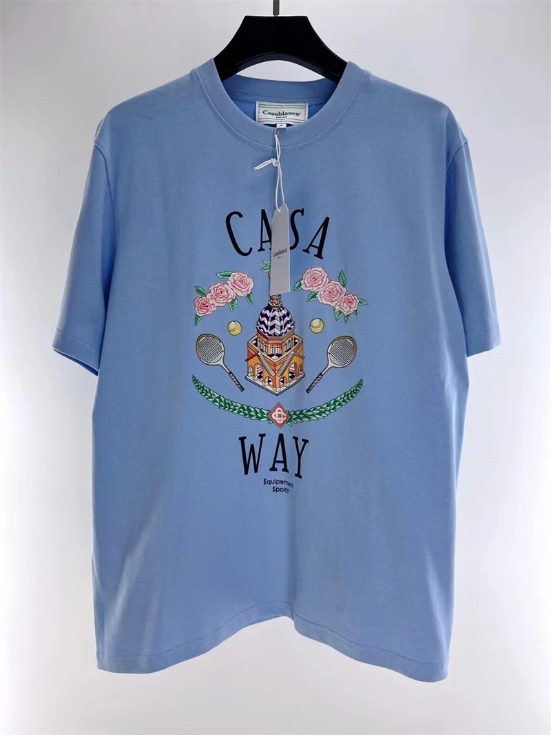 

New Fasion Casablanca Tennis Club Castle T Shirt Men Women 1:1 Best Quality Oversized Blue White Short Sleeve Top Tees Berserk