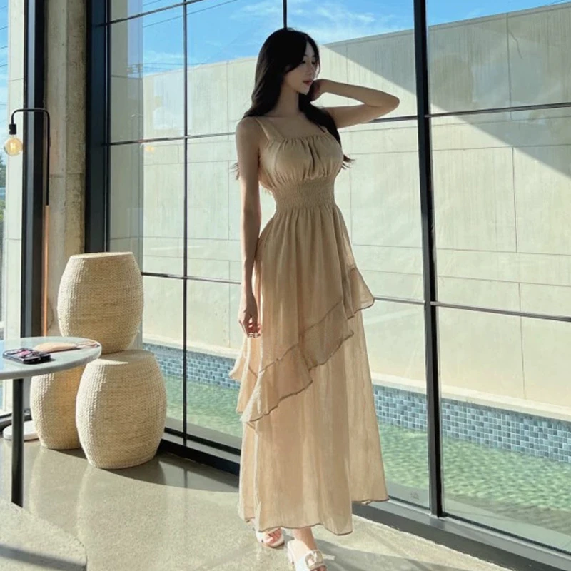 

Pretty Square Neck Sleeveless Ruffle Dress Women Summer Light White Fairy Dress Korea One Piece Casual Commuter Dress Khaki
