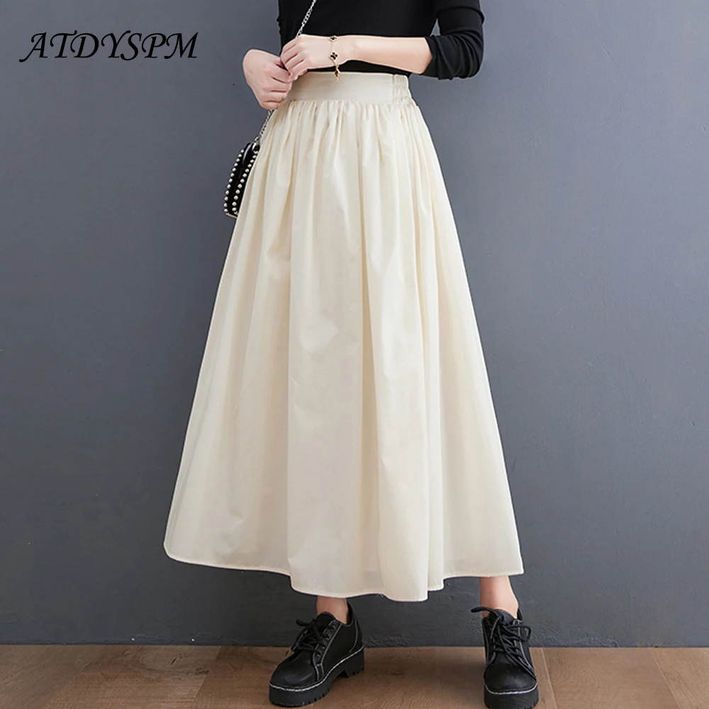 

2022 Summer Autumn Double Layer A-Line Skirt Woman Elegant Pleated Cotton Skirts Female Elastic Waist Casual Long Skirt Faldas