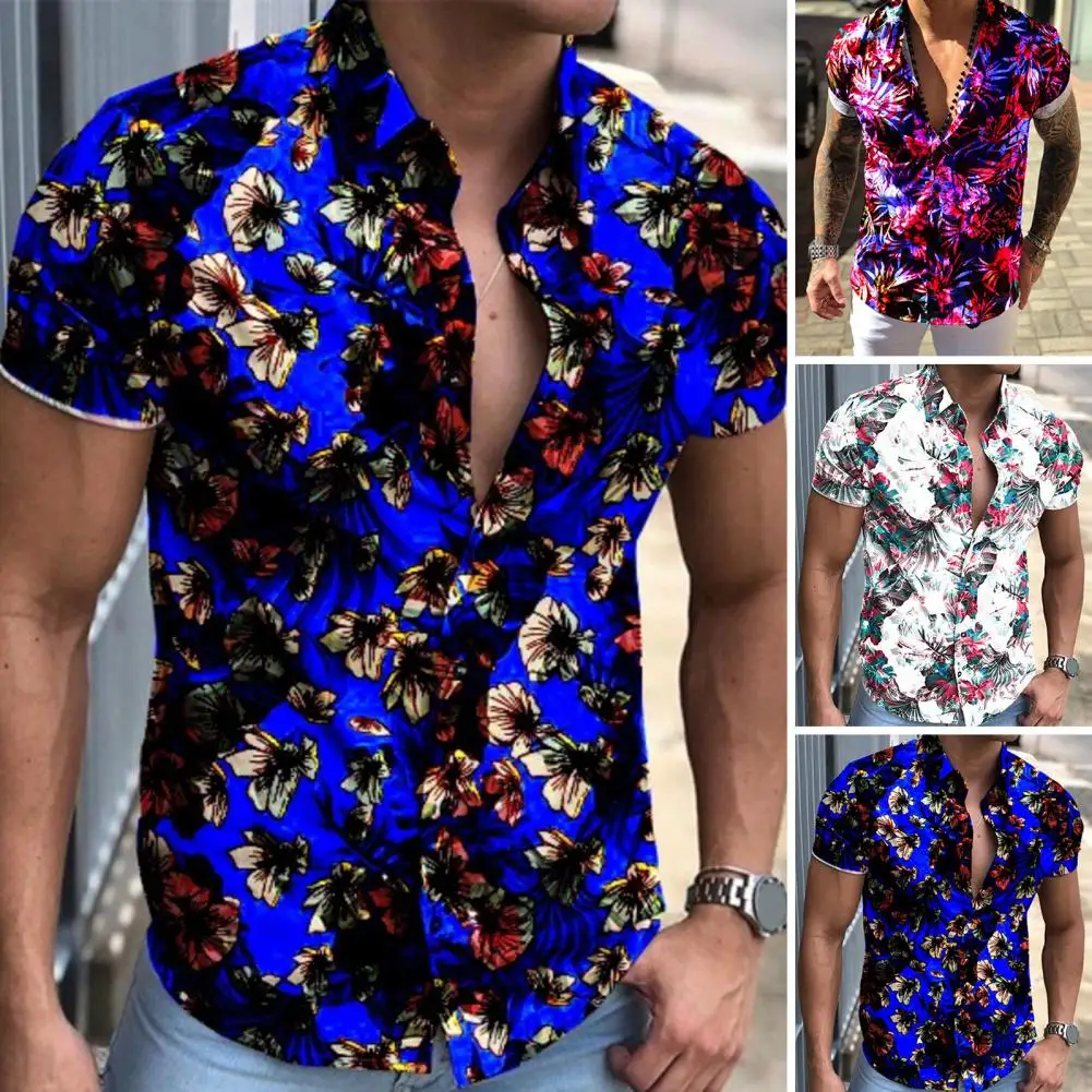 

Men Summer Shirt Colorful Floral Print Single-breasted Short Sleeve Turn-down Collar Clubwear Mid Length Slim Fit Men Summer Top