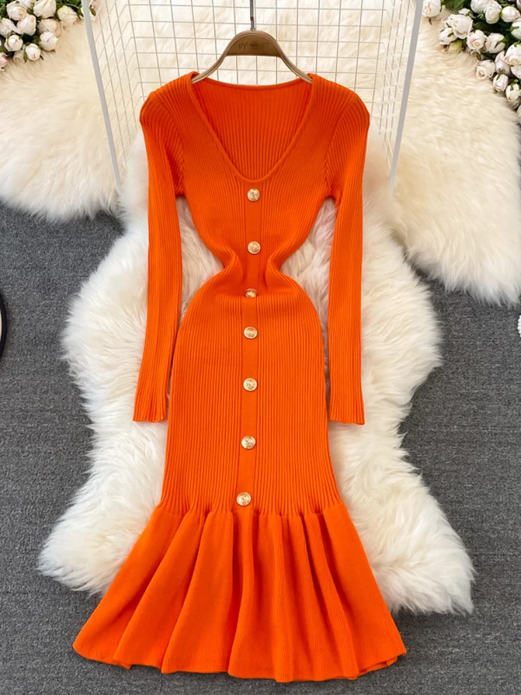 

Женское повседневное элегантное облегающее платье, однотонное трикотажное однобортное платье-Русалка с оборками и V-образным вырезом, Осень-зима 2023