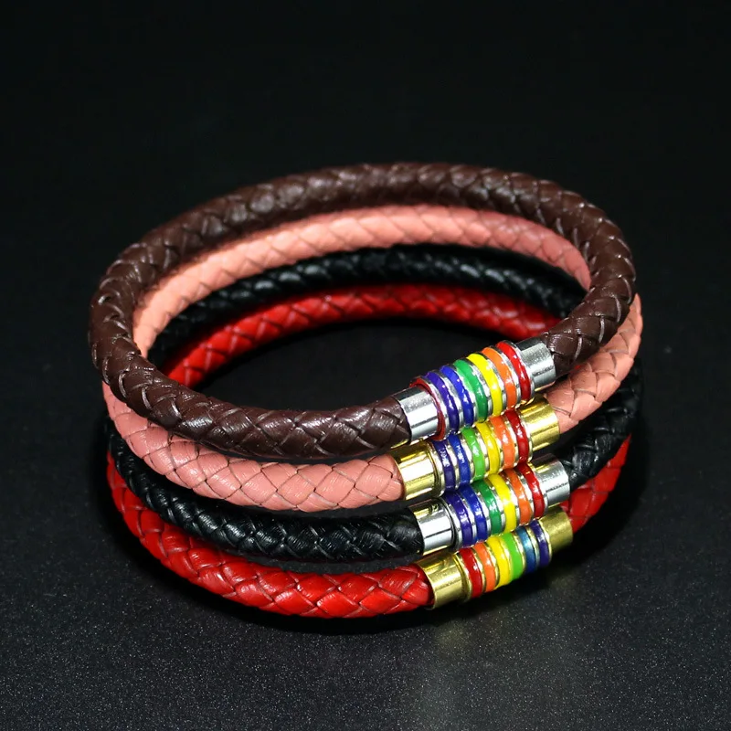 

PU Leather Bracelet Women Men Stainless Steel Gay Pride Rainbow Magnetic Weave Plaited Wristband Charms Bracelet Gift