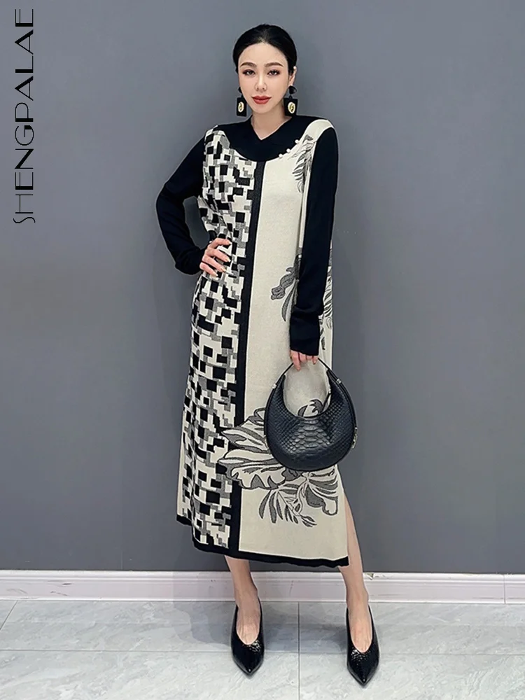 

SHENGPALAE модное платье с принтом для женщин, круглый вырез, длинный рукав, пэчворк, контрастный цвет, прямой щелевой халат, осень 2023, новинка 5R5368