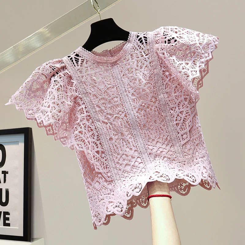 

Flying Sleeve Short Sleeve Lace Blouse Women Summer 2023 New Sweet Elegant All Match Woman Shirts Design Chic Blusas Mujer