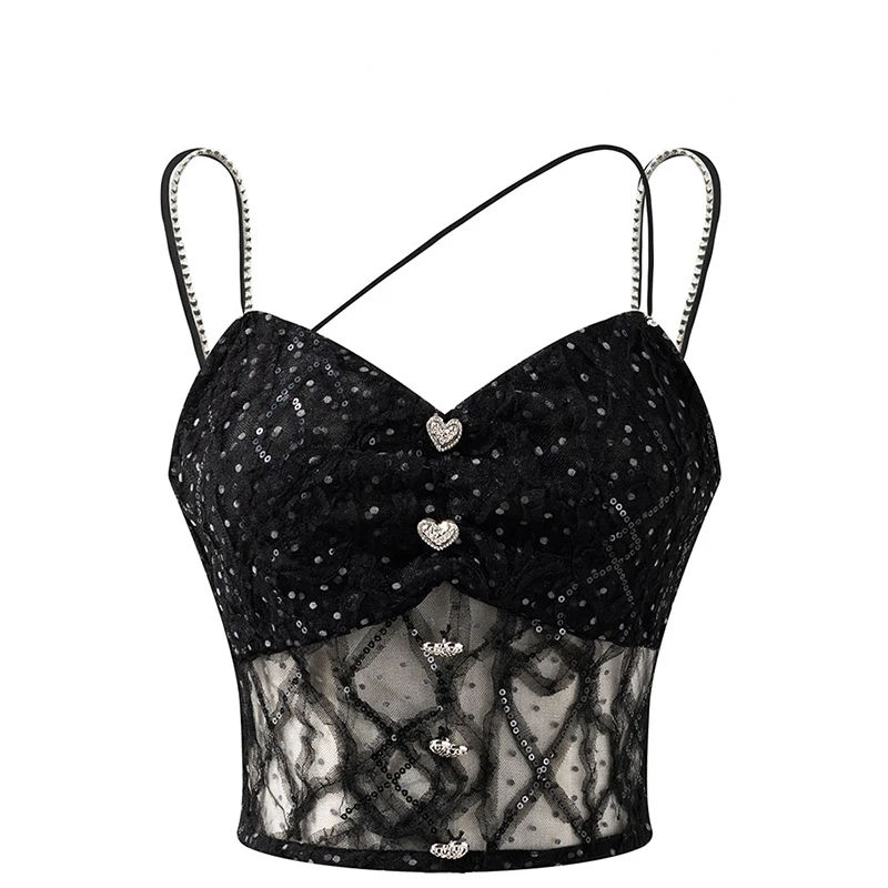 

Summer hot girl black lace tube top camisole women's design short style outer wear sweet and cool unique top niche womens tops