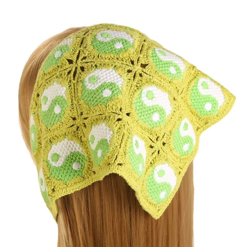 

Yin Yang Knitted Hair Kerchief Lovely Crochet Bandana Tie Back Head Wrap for Women Triangle Turban Head Kerchief