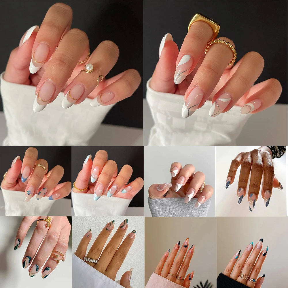 Накладные ногти с белым облаком миндаля 24 шт. носимые короткие французские