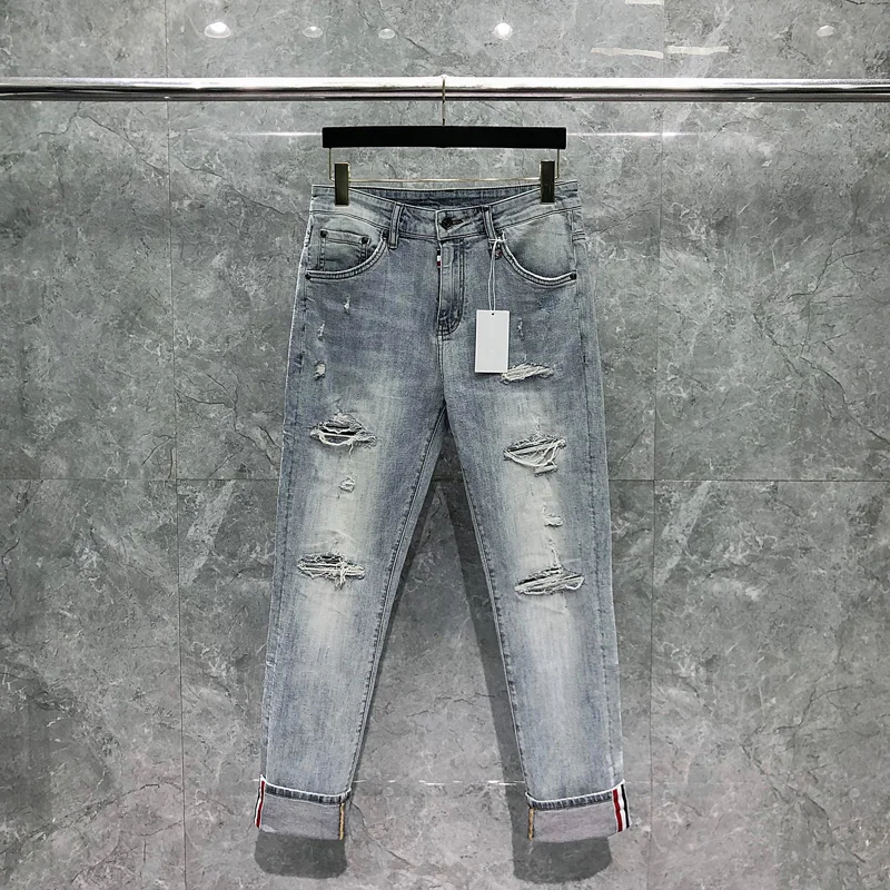 TB THOM Men Pants Luxury Brand High Waisted Lmitation Denim Pants Scratched Distressed Run Away High Quality Jeans Male