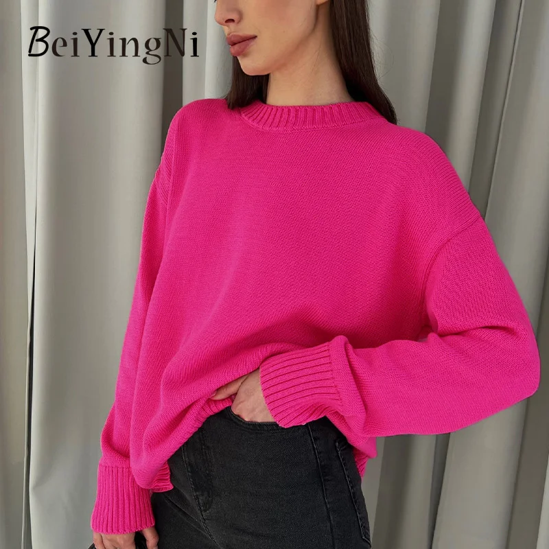 

Beiyingni Autumn Winter Womens Sweater O-neck Long Sleeve Solid Loose Blue Knitting Ladies Pullover Vintage Simple Casual Jumper