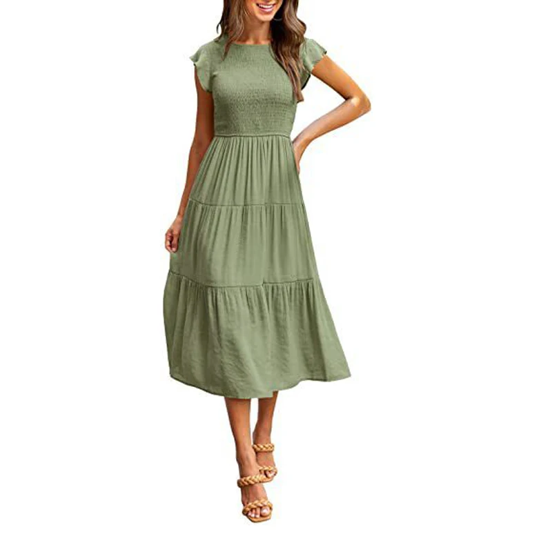 

2022 New Flying Sleeve Dresses for Women Gathered Layered Short Sleeve Swing Dress Elastic Waist Lady Casual Boho Maxi Dress
