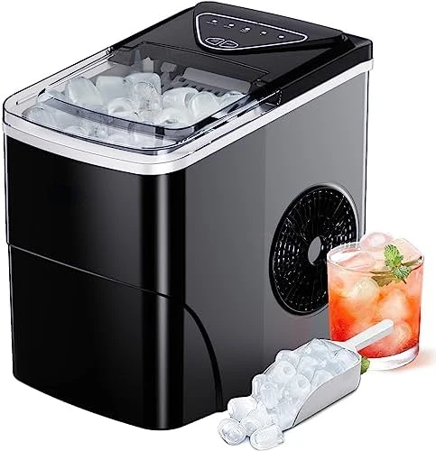 

Ice Makers Countertop, 9 Cubes Ready in 6 Mins, 26lbs in 24Hrs, Self-Cleaning Ice Machine with Ice Scoop and Basket, 2 Sizes of