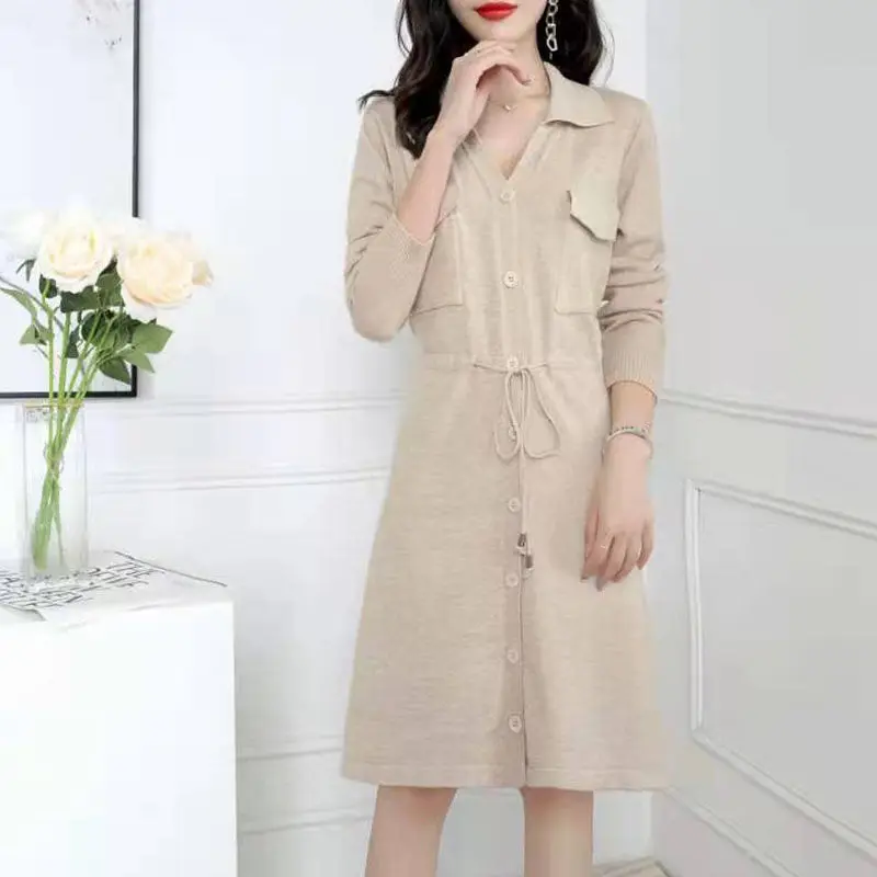 

Fashion Lapel Knitted Dress Women's Autumn and Winter Casual New Loose All-match Temperament Sweater Dress Female