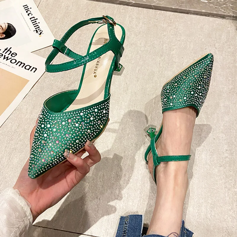 

Rhinestone Sandals Female Shoe Buckle Strap 2022 Women's Med Clear Heels Girls Pointed Closed Stiletto New Medium Spring Fashion