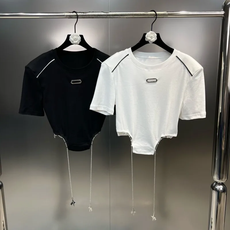 

Футболка BORVEMAYS в стиле пэчворк с металлической цепочкой, яркая Универсальная футболка с круглым вырезом и коротким рукавом, Новинка лета 2023, облегающие топы, WZ1318