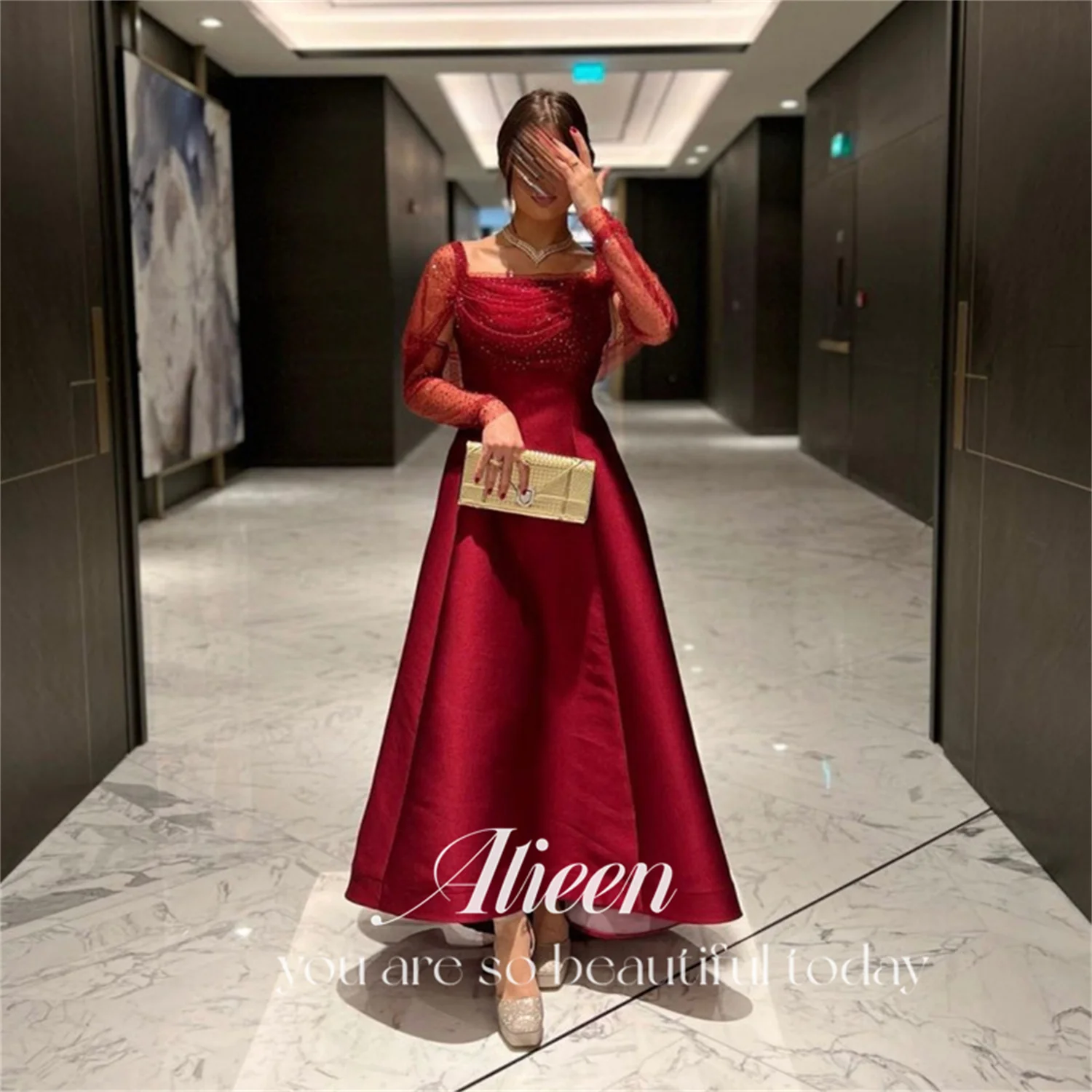 

Aileen Square Collar Sequined A-Line Glitter Evening Dresses Women Saudi Arabia Satin Wedding Guest Elegant Formal Party Gowns