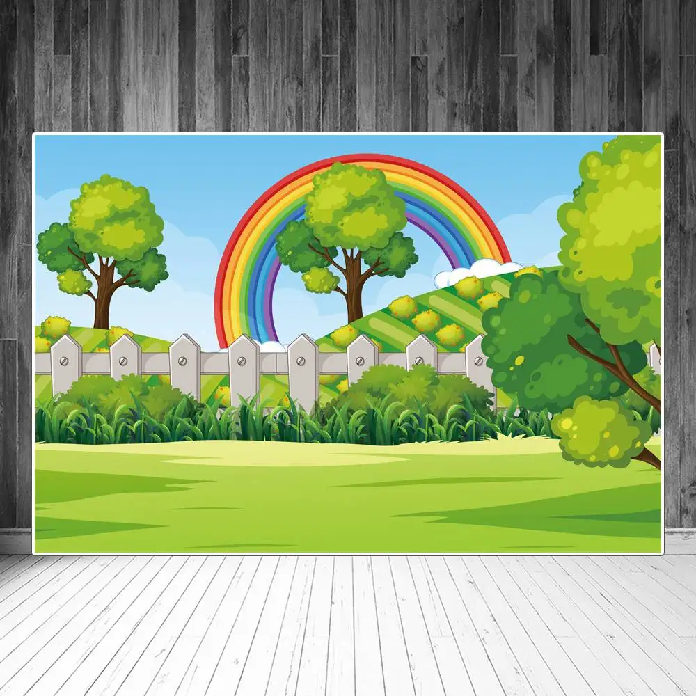 

Spring Garden Photography Backdrops Decoration Rainbow Greenland Trees Cartoon Sign Children Photocall Photo Backgrounds Props