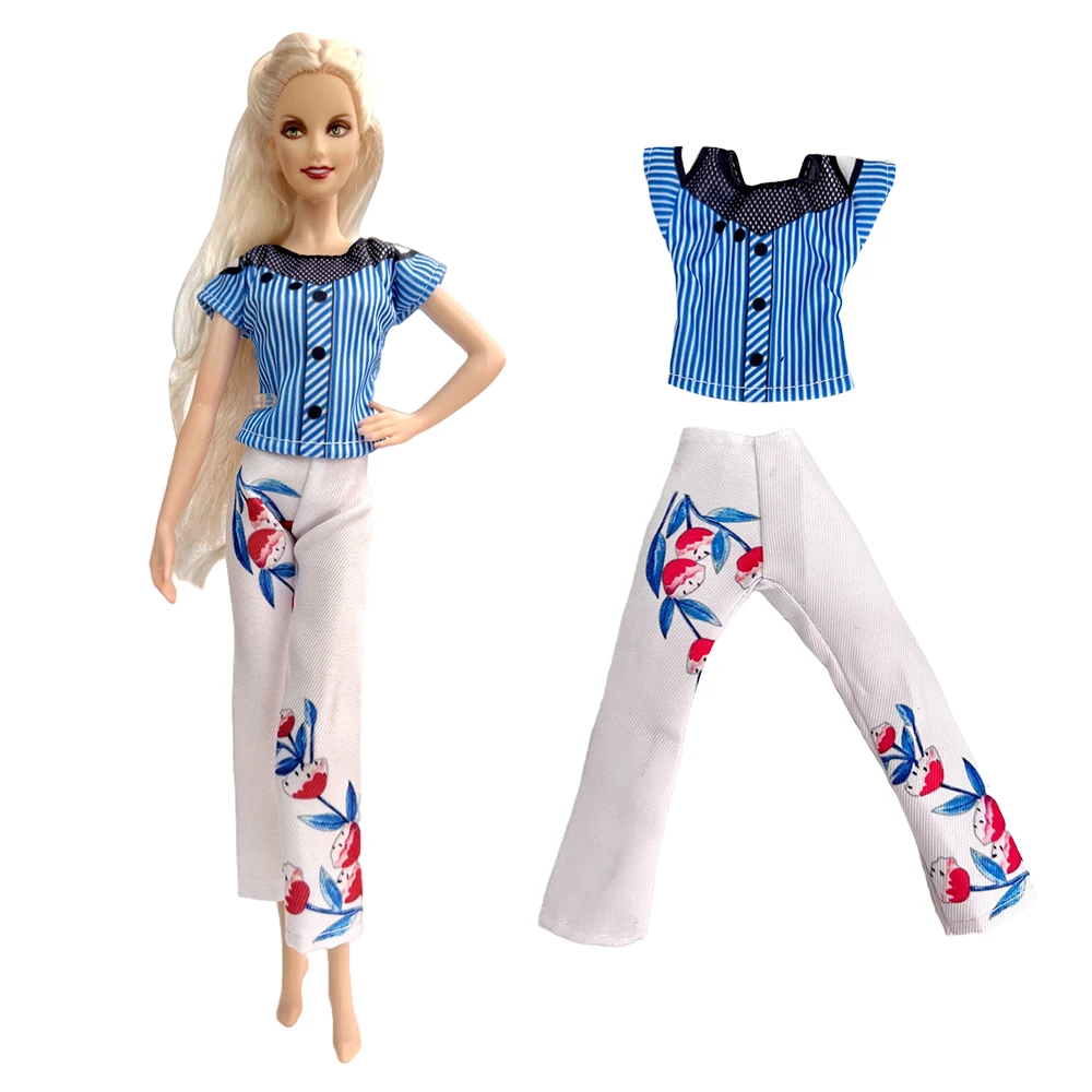 

NK 1 Set Fashion Dress Blue Lady Shitr White Trouseres Modern Clothes For Barbie Doll Girls' 1/6 Doll Accessories Toys